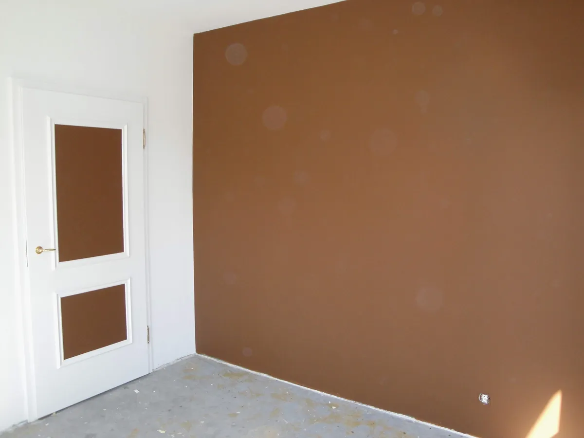 Mur peint en terracotta avec une porte blanche et des panneaux muraux assortis.