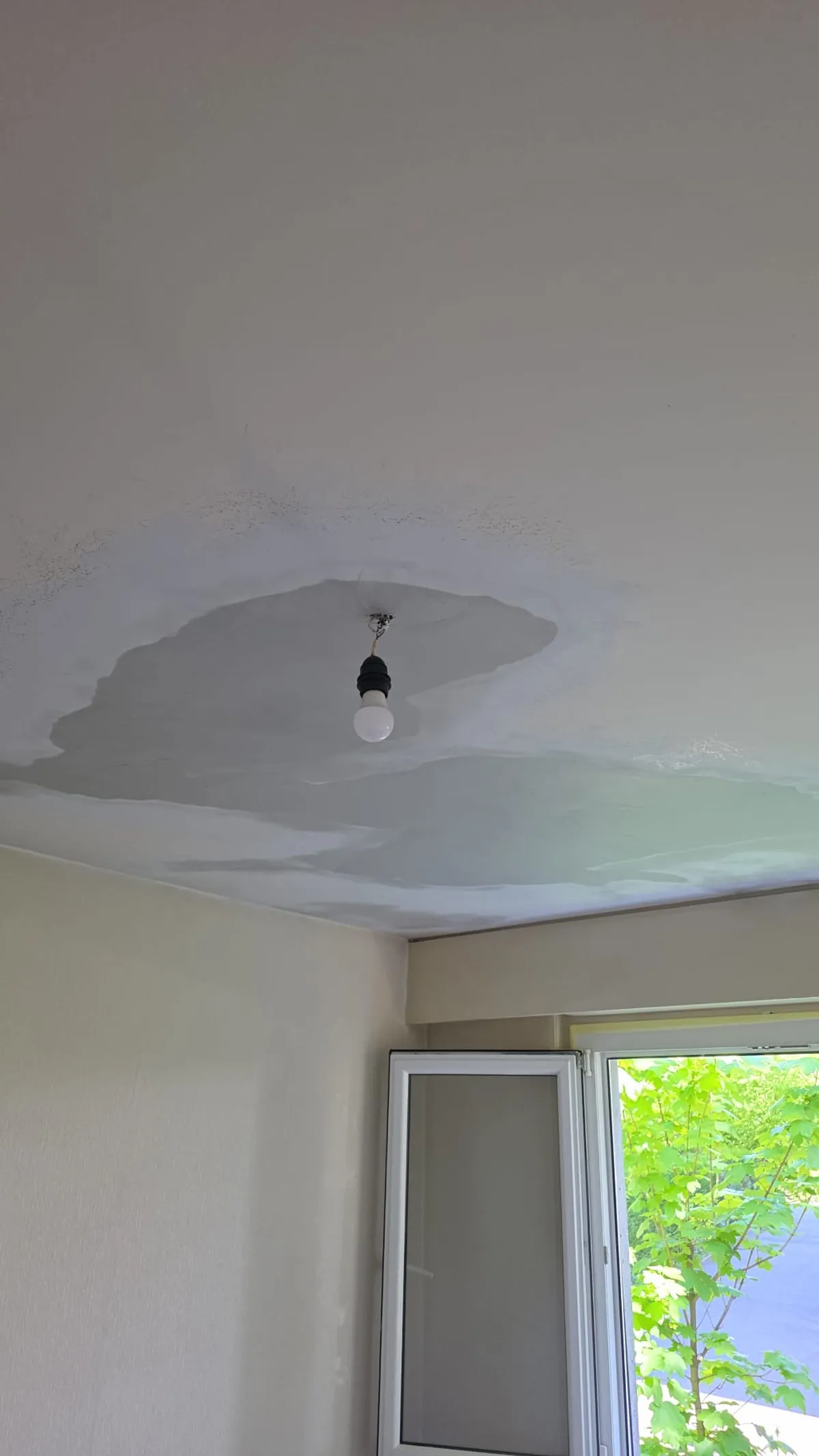 Plafond repris à l'enduit de rebouchage après piochage, surface ratissée prête à recevoir la peinture intérieure.
